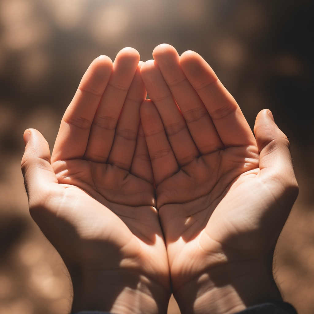 Hands open in receiving gesture