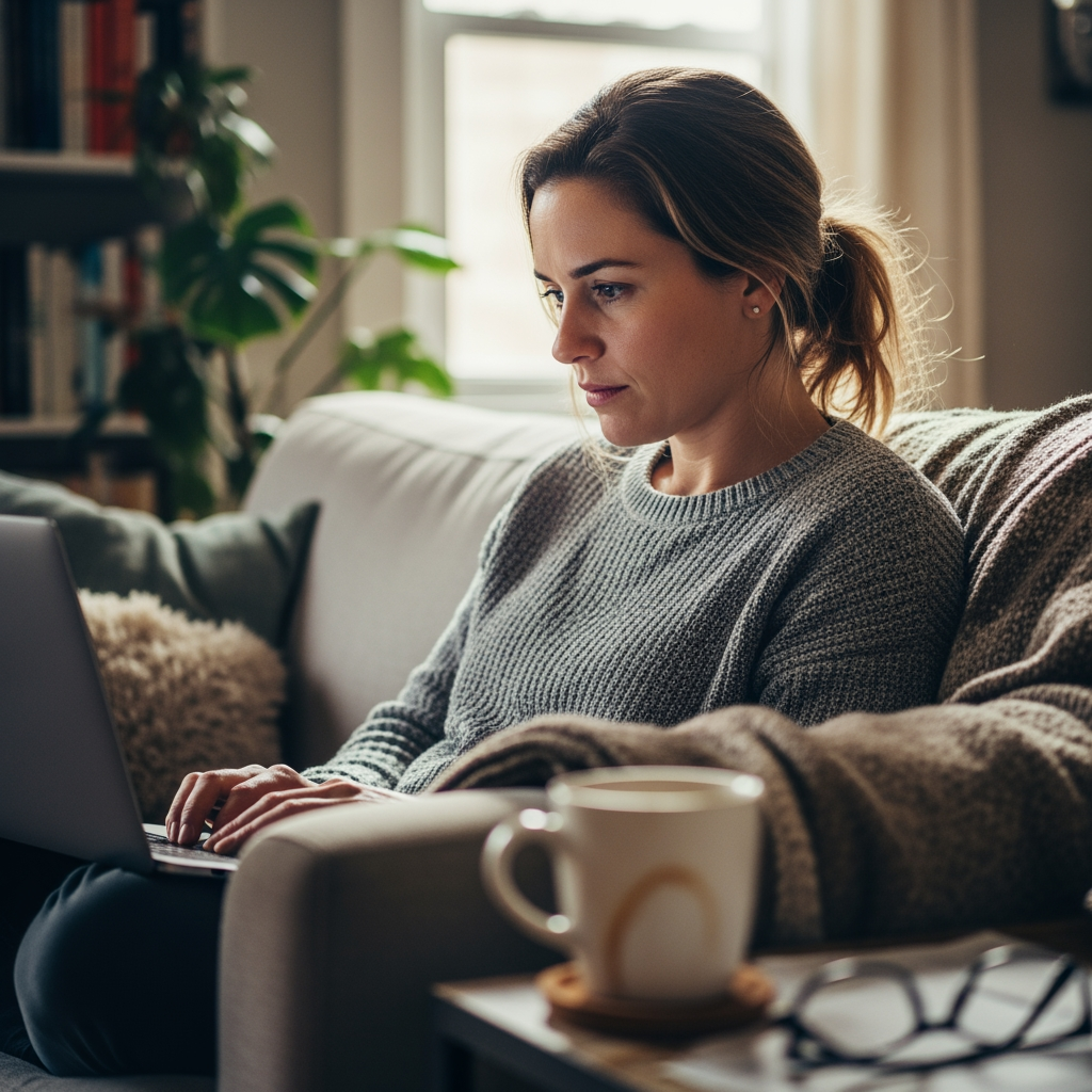 Woman exploring video content on laptop